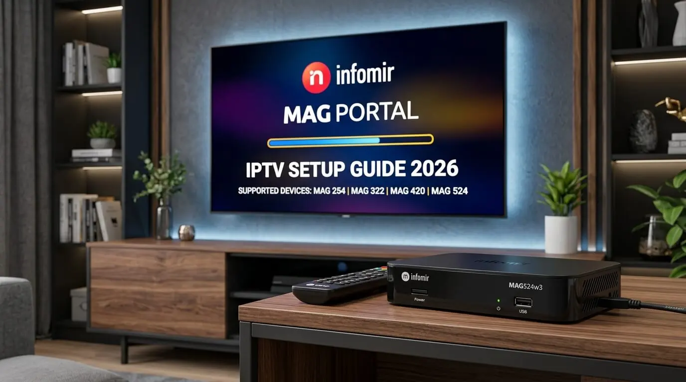 MAG box IPTV setup showing Stalker Portal and Ministra TV on MAG 254, 322 and 524 hardware
