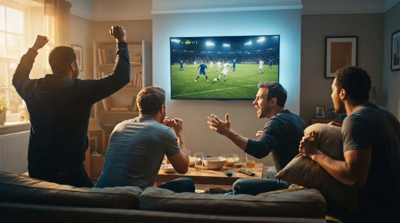 Men watching a live 4K football match on a GetTV IPTV UK subscription