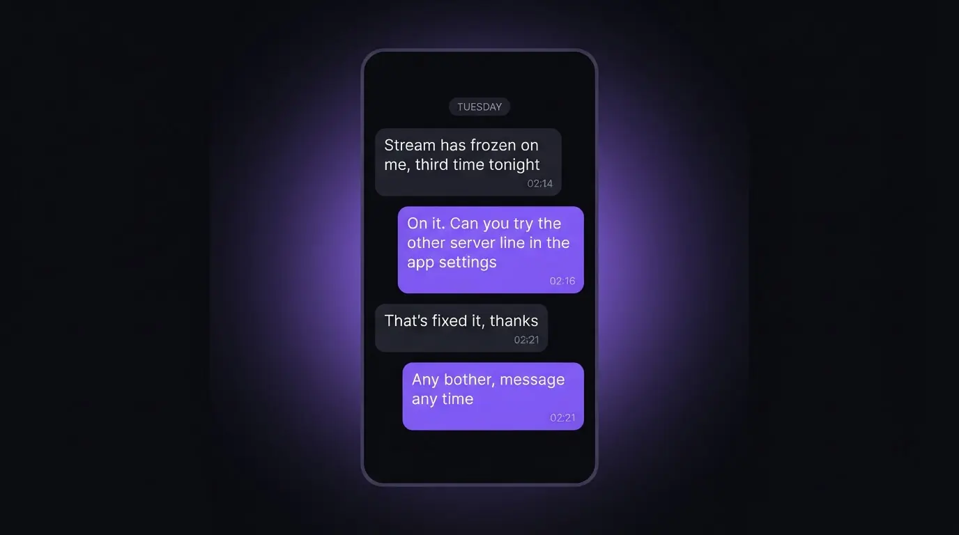 WhatsApp support conversation showing an IPTV issue resolved in minutes overnight