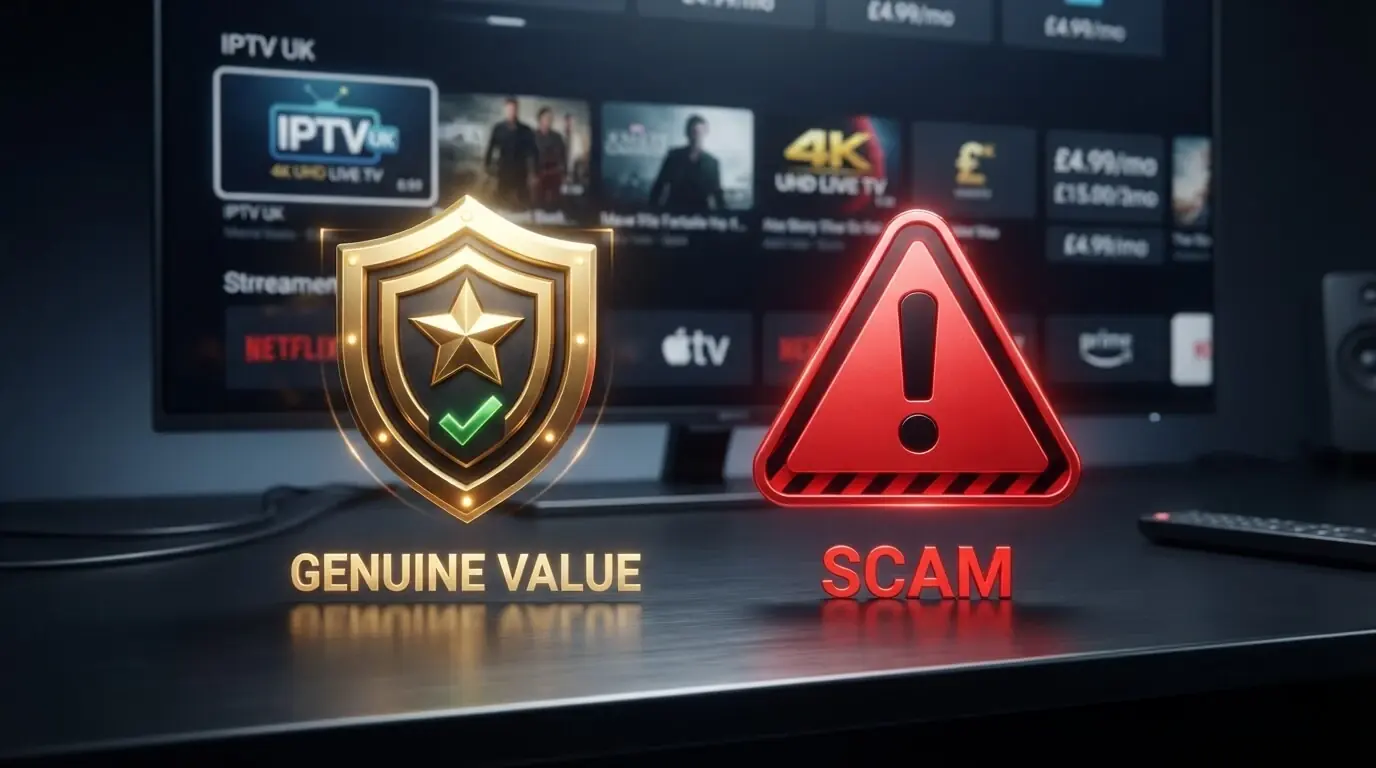 Shield and warning sign contrasting genuine cheap IPTV UK value against scam listings