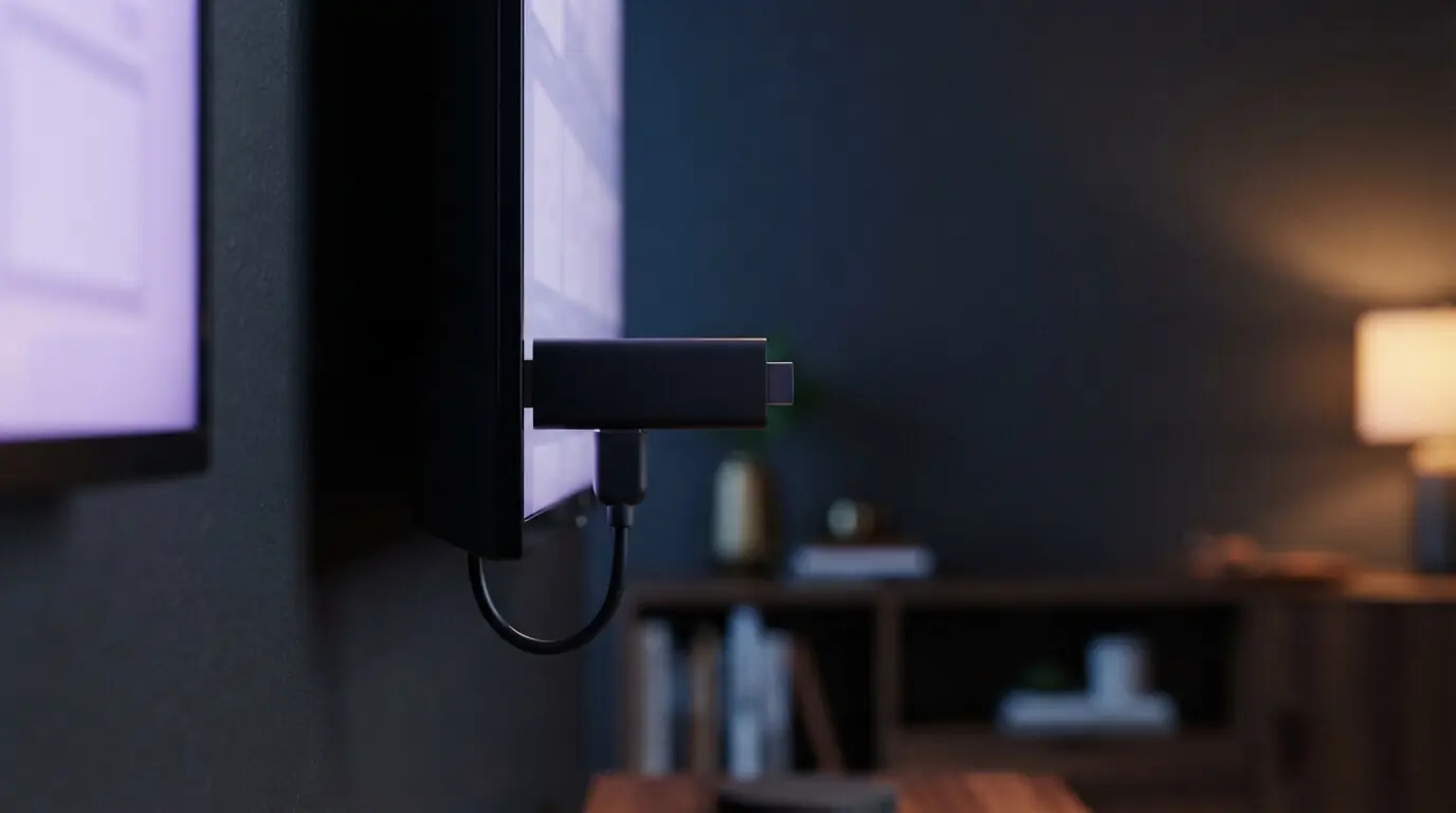 Fire TV Stick plugged into a living room television running live IPTV channels in the UK