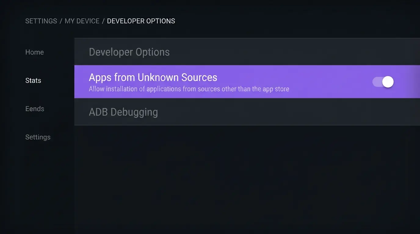 Fire TV Stick developer options screen with install unknown apps turned on for the Downloader app